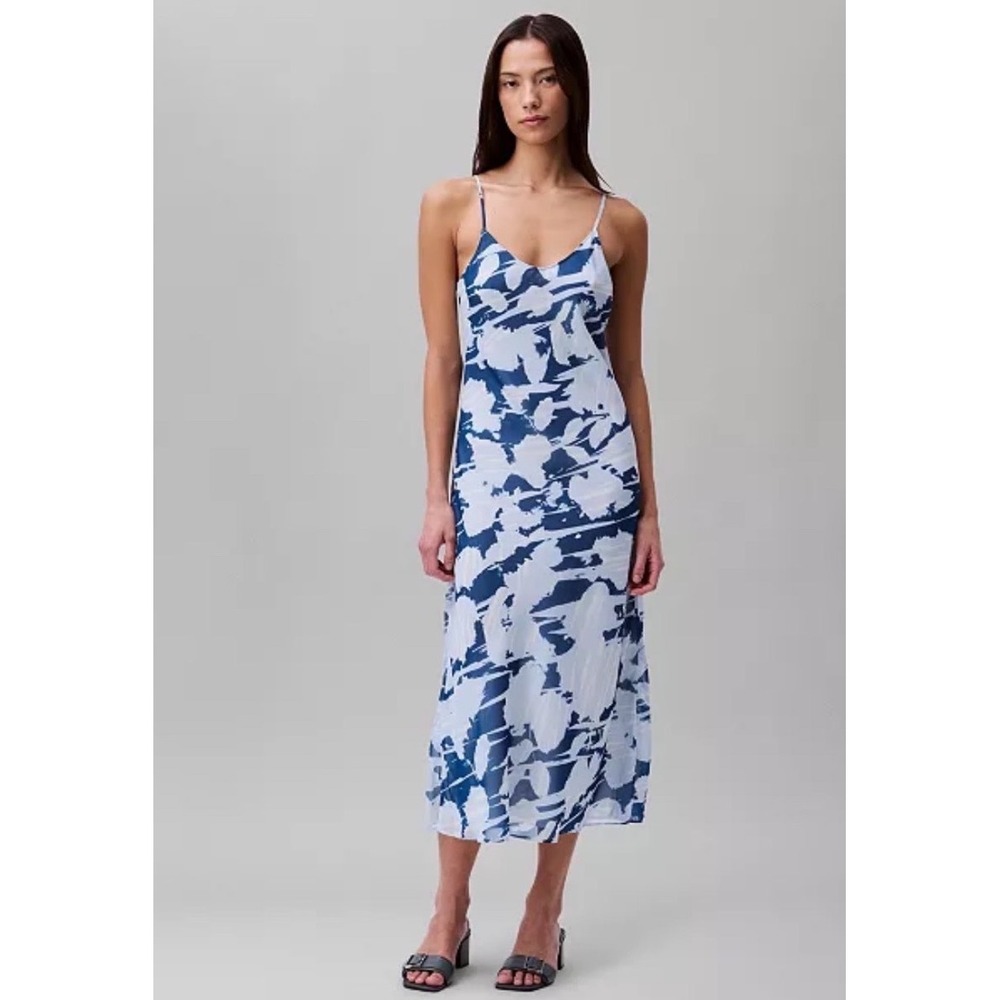 Calvin‎ Klein Slip Midi Dress XS Blue White Abstract Print Chiffon NWT